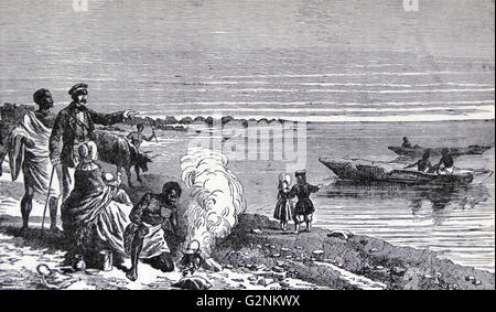 David Livingstone (1813-1873) with his wife and family, at the discovery of Lake Ngami, 1849. From Livingstone's Missionary Travels. Stock Photo