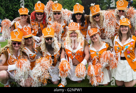 Melton Mowbray 1st june 2016; Troope members pose for the camera group photo before performing at Melton Mowbray. Dress like gir Stock Photo