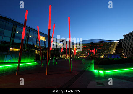 The Bord Gáis Energy Theatre formerly opened as Grand Canal Theatre at night in Dublin, Ireland Stock Photo