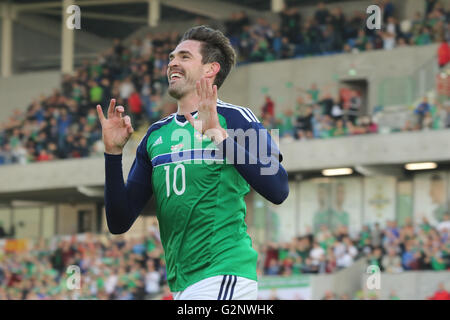 Belfast 27th May 2016. Kyle Lafferty (10) celebrates his goal for Northern Ireland against Belarus. Stock Photo