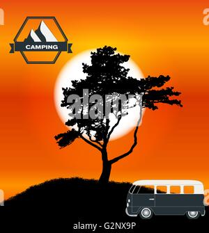 Cartoon Minibus in Nature a Tree Silhouette. Vector Illustration Stock Vector