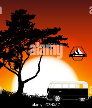 Cartoon Minibus in Nature a Tree Silhouette. Vector Illustration Stock Vector