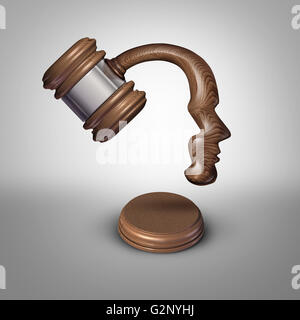 Legal mind law thinking concept and judgement symbol as a judgement mallet or gavel made shaped as a human head as a metaphor for strategies in legislation or intelligent legal opinions and judge or lawyer ideas. Stock Photo