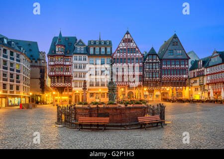 Old town square romerberg with Justitia statue in Frankfurt Germany Stock Photo