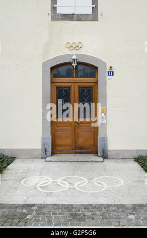 Entrance to the 18th century Chateau Vidy, the historic headquarters of the IOC (International Olympic Committee) in Lausanne. Stock Photo