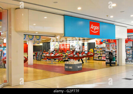 Shoppers entrance and interior view of Argos catalogue store in Intu Lakeside shopping centre indoor mall Thurrock Essex England UK Stock Photo