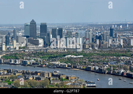 Aerial view looking down from above at the River Thames and London skyline cityscape at Canary Wharf in Isle of Dogs London Docklands England UK