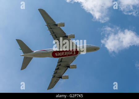 MANCHESTER, UNITED KINGDOM - May 30, 2016: Emirates Airbus A380 underside view. Manchester Airport May 30 2016. Stock Photo