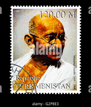 Postage stamp from Turkmenistan depicting Mohandas Karamchand Gandhi, Indian independence movement leader. Stock Photo