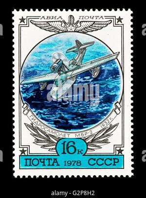 Postage stamp from the Soviet Union depicting a MBR-2 hydroplane. Stock Photo