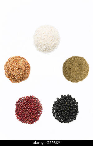 Five kinds of grains, isolated on white Stock Photo