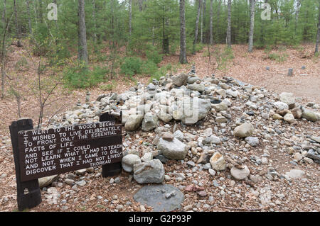 Thoreau quotation near the site of his cabin, Walden Pond, Concord, Massachusetts, USA Stock Photo