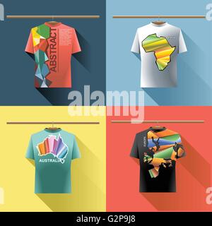 Shirt collection set with colored logo with triangles and text on hanger in wardrobe. Abstract, africa, australia and europe. Di Stock Vector