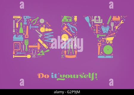 Do it yourself concept. Letters DIY made from colorful tools symbols on purple background Stock Vector
