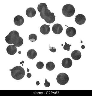 Black spray paint dots make a very fine grungy wallpaper.Highly detailed and textured ink droplets. Monochrome hand-made blobs isolated on white background