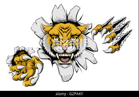 An illustration of a wildcat animal sports mascot cartoon character sprinting clawing through background Stock Photo