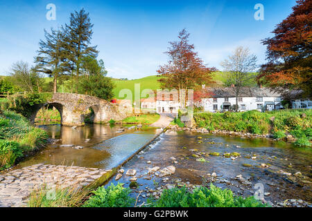 The bridge and ford at the picturesque hamlet of Malmsmead in the Doone Valley directly on the border between Somerset and Devon Stock Photo