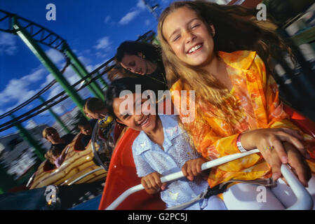 Youngsters on a roller coaster ride, Adventure Island. Southend-on-Sea. Essex. England. UK. Stock Photo