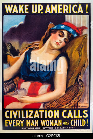 'Wake Up America! Civilization Calls Every Man Woman and Child!', US World War I propaganda poster urging Americans to wake up to the threat of war in Europe. Designed by James Montgomery Flagg, 1917 Stock Photo