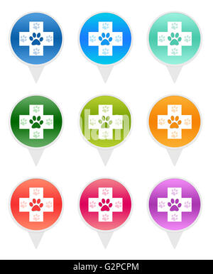 Colorful rounded icons for markers on maps with veterinary symbol Stock Photo