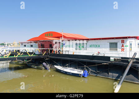 Port on the Danube , ship with pharmacy and bar, Romania, Dobrogea, Dobruja, Dobrudscha , Tulcea Stock Photo