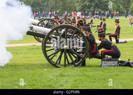 Hyde Park, London, June 2nd 2016. Soldiers and guns of the King's Troop Royal Horse Artillery fire a 41 round Royal Salute to mark the 63rd anniversary of the coronation of Britain's Monarch HM Queen Elizabeth II. Credit:  Paul Davey/Alamy Live News Stock Photo