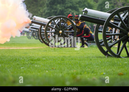 Hyde Park, London, June 2nd 2016. Soldiers and guns of the King's Troop Royal Horse Artillery fire a 41 round Royal Salute to mark the 63rd anniversary of the coronation of Britain's Monarch HM Queen Elizabeth II. PICTURED: A gun spews fame as it fires. Credit:  Paul Davey/Alamy Live News Stock Photo