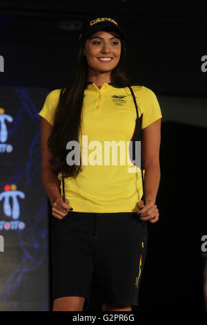 Bogota, Colombia. 1st June, 2016. An athlete takes part in the presentation of the uniforms of Colombian athletes in the Olympic Games of Rio 2016, in Bogota, Colombia, on June 1, 2016. © Luisa Gonzalez/COLPRENSA/Xinhua/Alamy Live News Stock Photo