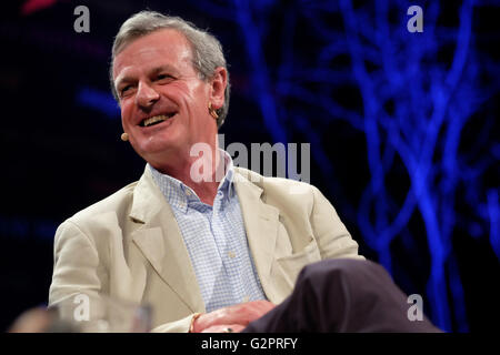 Hay Festival, Wales, UK - June 2016 -  General Sir Richard Shirreff until recently Deputy Head of NATO talks on stage about his novel 2017 War with Russia. Stock Photo