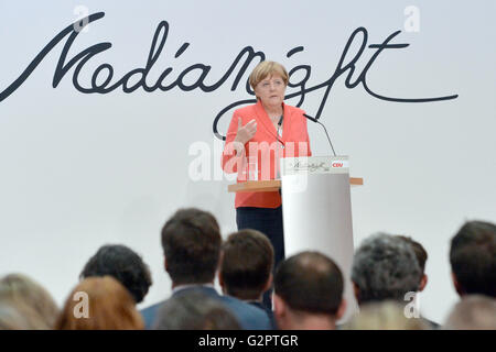 German Chancellor Angela Merkel speaks at the CDU Media Night in Berlin, Germany, 02 June 2016. Photo: MAURIZIO GAMBARINI/dpa Stock Photo