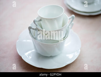 Set of china cups for tea, coffee and hot chocolate Stock Photo