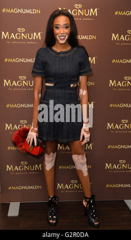 Winnie Harlow attends the launch of the Magnum Pleasure Store, which will be open exclusively for the summer on South Molton Street in London. Stock Photo