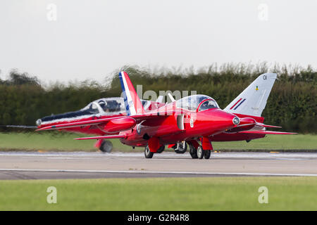 Former Royal Air Force (RAF) Red Arrows Folland Gnat vintage jet G-TIMM from the Gnat Display Team at the RAF Waddington Airshow Stock Photo