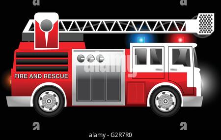 3D illustration of a Red Fire and Rescue truck with flashing lights . Stock Vector