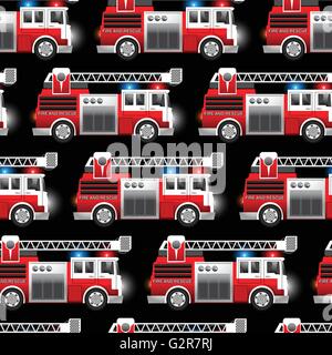 3D illustration of a Red Fire and Rescue truck seamless pattern . Stock Vector