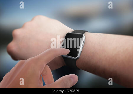 Smart watch on hand with blank screen for mockup. Stock Photo