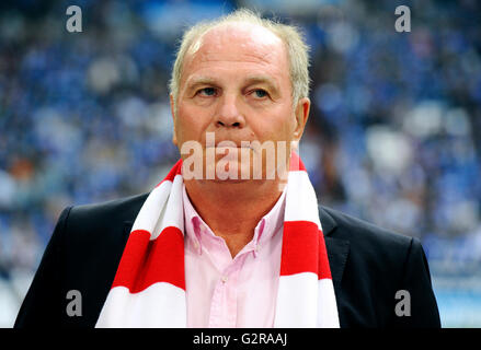 Uli Hoeness, president and chairman of football club FC Bayern Munich, portrait, during the Bundesliga match against FC Schalke Stock Photo