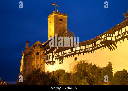 Illuminated Wartburg Castle at night, Eisenach, Thuringian Forest, Thüringen, Germany Stock Photo