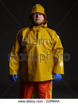 Man dressed as a commercial fisherman, wearing traditional protective ...