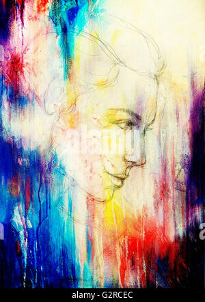 art drawing beautiful girl face and color background. Stock Photo