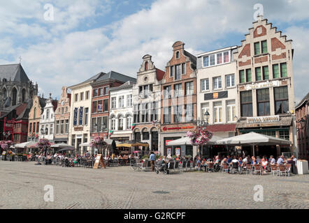 Row of cafes, bars and restaurants on Grote Markt (north side) in Mechelen, Belgium. Stock Photo