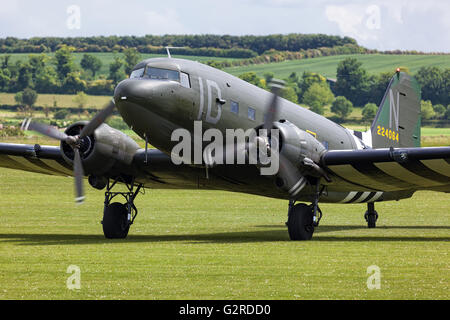 Douglas C-47 Skytrain taxiing to its parking position at Duxford. Stock Photo