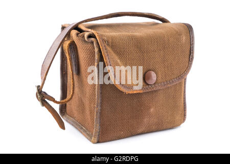 Small Vintage Brown Canvas Camera Bag over white. Stock Photo