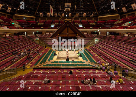 Overview image of the interior of the Ryogoku Sumo Arena during the  Sumo tournament Tokyo, Japan. Stock Photo