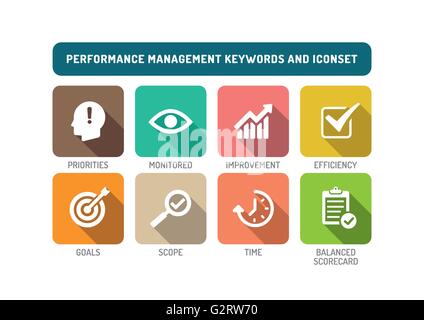 Performance Management Flat Icon Set Stock Vector