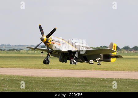 North American TF-51D Mustang fighter plane 'Miss Velma' on the ground at Duxford Airport, Cambridge UK Stock Photo