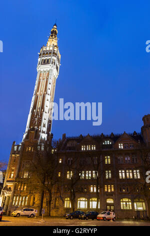 Belfry of the Town Hall in Lille in France in the evening Stock Photo