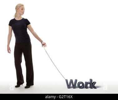 business woman chained to work unable to get free Stock Photo