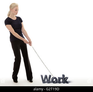 business woman chained to work unable to get free Stock Photo