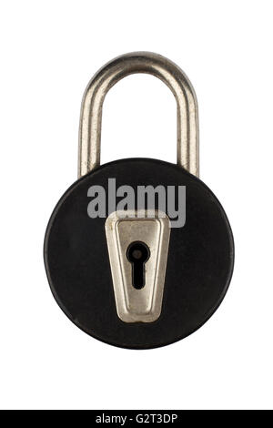 Front view of a vintage black padlock with round shape isolated on white background Stock Photo